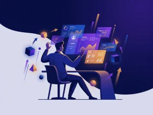 Marketer at a minimalist desk managing multiple glowing campaign dashboards, surrounded by floating geometric data shapes in navy, violet, and amber tones.