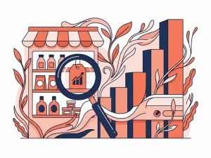 Small DTC retail storefront with product shelves, botanical growth lines, rising bar charts, and a magnifying glass over a product tag in coral, navy, and white.