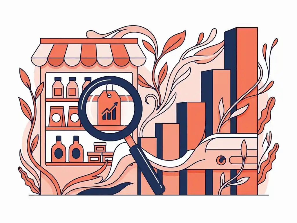 Small DTC retail storefront with product shelves, botanical growth lines, rising bar charts, and a magnifying glass over a product tag in coral, navy, and white.