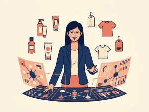 Fractional CMO navigating a brand command dashboard with interconnected DTC product nodes, skincare bottles, and apparel icons in navy, coral, and cream.