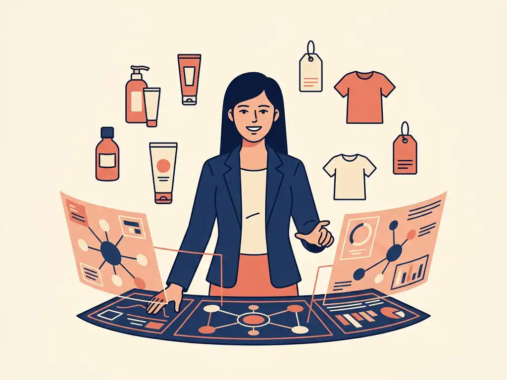 Fractional CMO navigating a brand command dashboard with interconnected DTC product nodes, skincare bottles, and apparel icons in navy, coral, and cream.