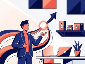 Fractional CMO at a modern workspace with glowing data streams converging into a node, DTC product packaging on a nearby shelf.