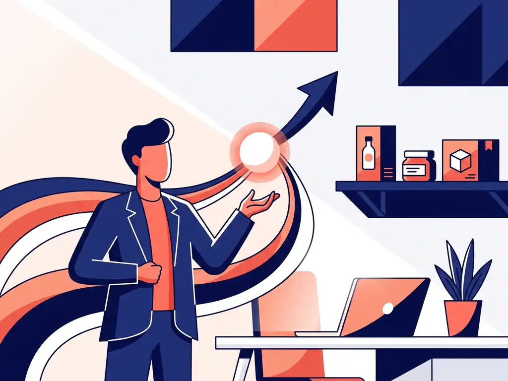 Fractional CMO at a modern workspace with glowing data streams converging into a node, DTC product packaging on a nearby shelf.