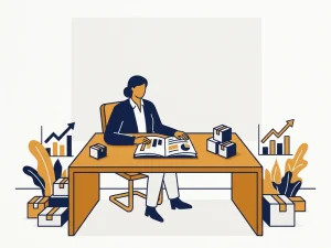 Fractional CMO reviewing a strategic playbook at a modern desk surrounded by DTC product packaging and rising growth charts.