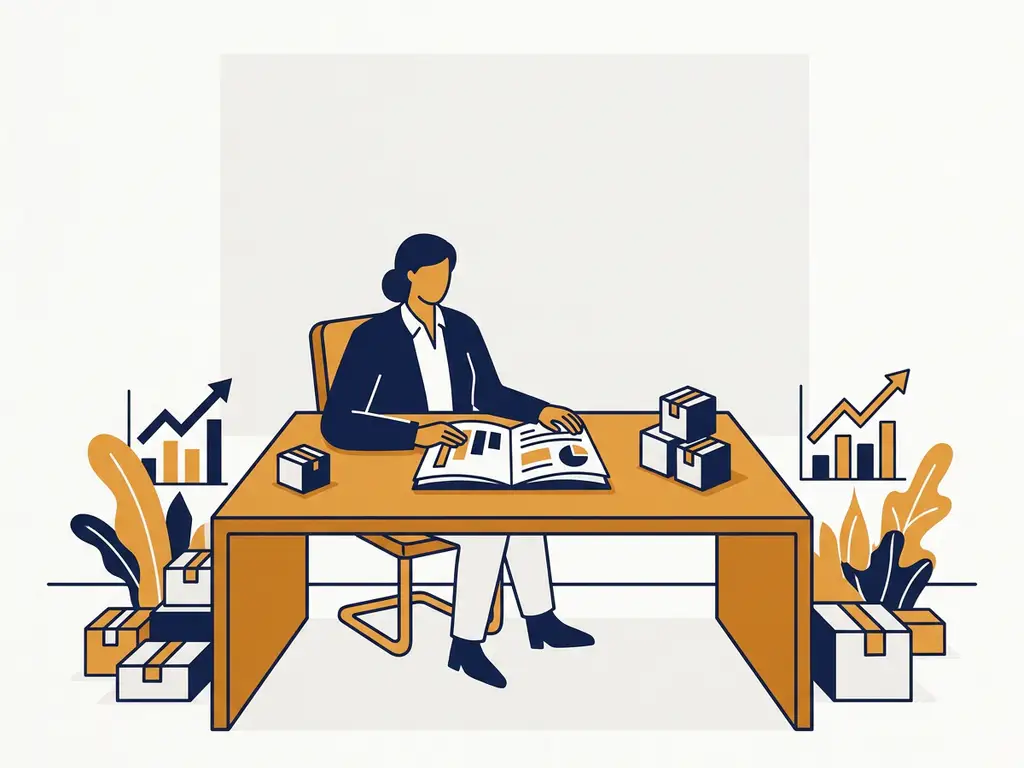 Fractional CMO reviewing a strategic playbook at a modern desk surrounded by DTC product packaging and rising growth charts.