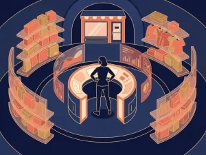Fractional CMO at a retail command center surrounded by floating product shelves and data ribbon streams, with a small DTC storefront in the background.