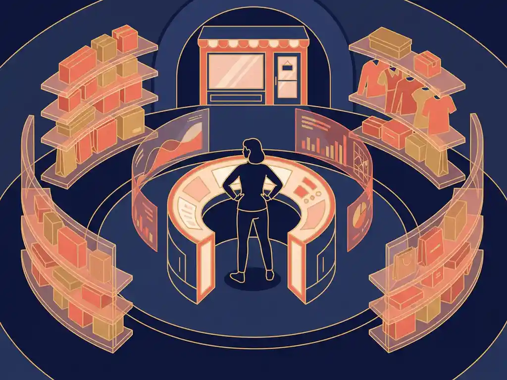 Fractional CMO at a retail command center surrounded by floating product shelves and data ribbon streams, with a small DTC storefront in the background.