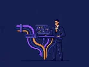 Fractional CMO at a glowing command console shaped like a marketing funnel, built from interconnected nodes and data streams in navy, violet, and amber.