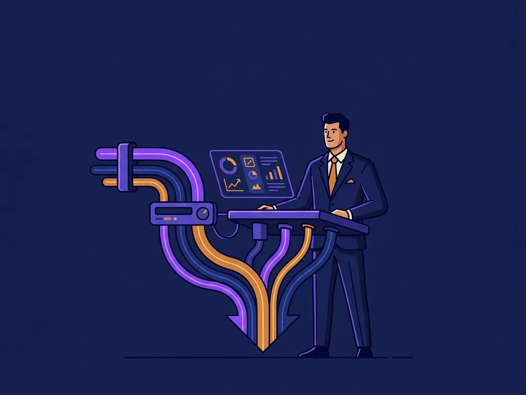 Fractional CMO at a glowing command console shaped like a marketing funnel, built from interconnected nodes and data streams in navy, violet, and amber.