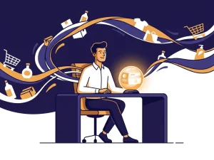Fractional CMO at a modern desk with glowing data dashboard orb, surrounded by retail product silhouettes and flowing data streams.