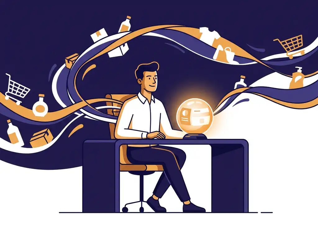 Fractional CMO at a modern desk with glowing data dashboard orb, surrounded by retail product silhouettes and flowing data streams.