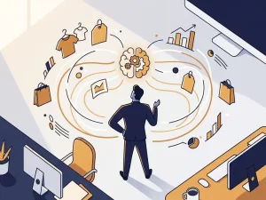 Fractional CMO at center of retail strategy network connecting clothing tags, shopping bags, and analytics charts to a glowing brain symbol.