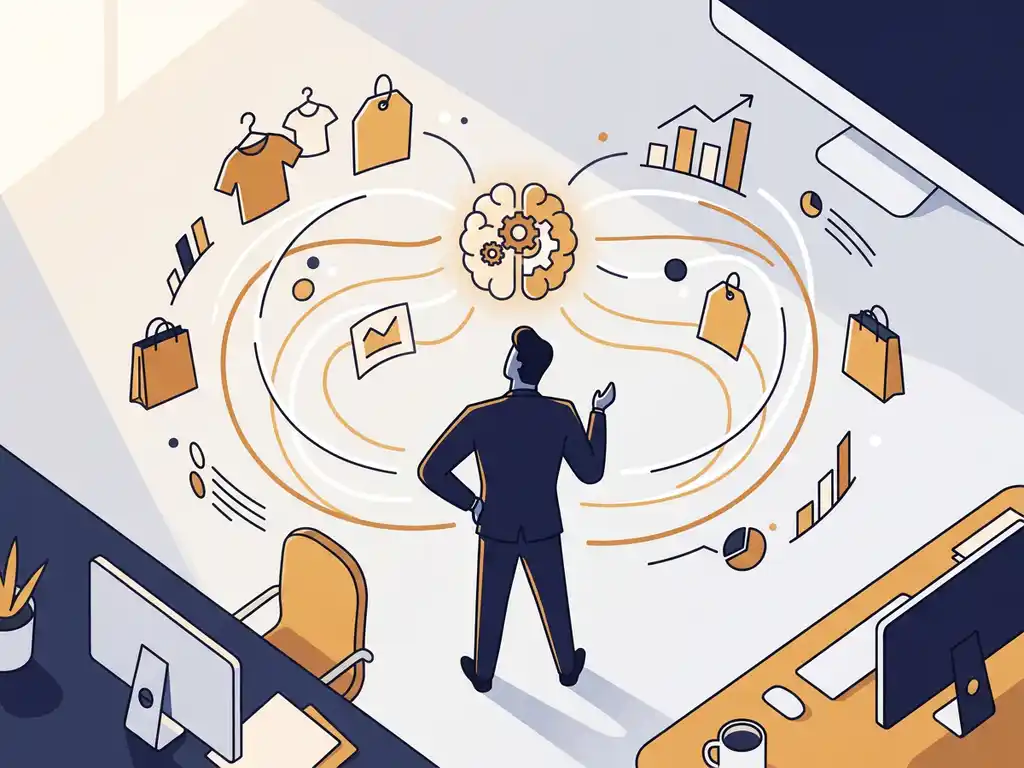 Fractional CMO at center of retail strategy network connecting clothing tags, shopping bags, and analytics charts to a glowing brain symbol.