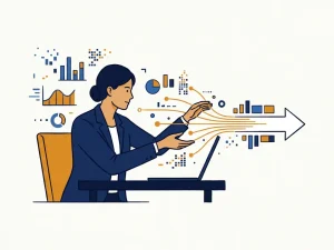 Professional at minimal desk unifying multiple glowing strategy threads into one streamlined path, with chart fragments in navy, amber, and white.